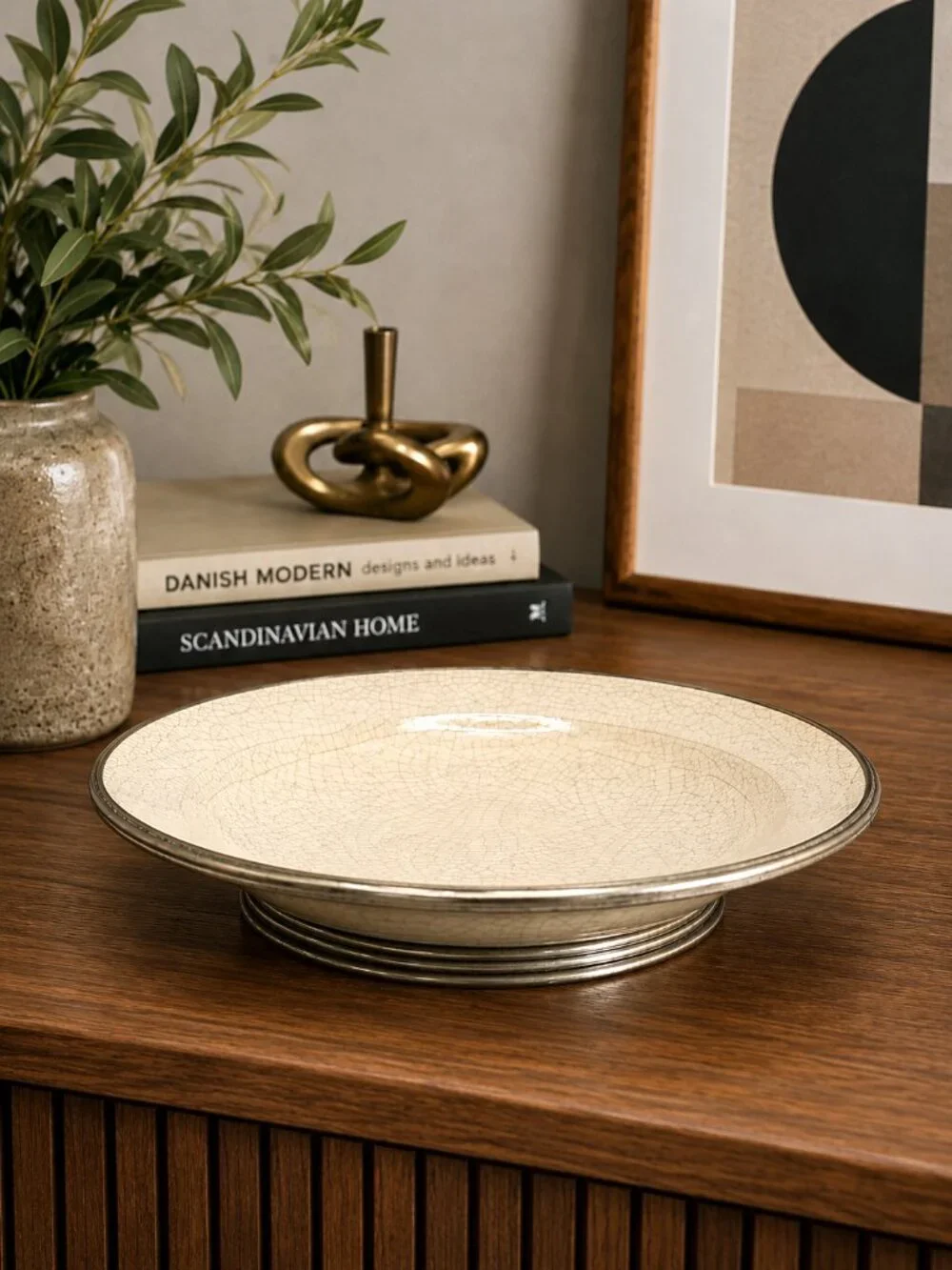 VTG ORNO Crackle Glaze Ceramic Centerpiece Bowl Metal Trim MCM Danish Modern 11
